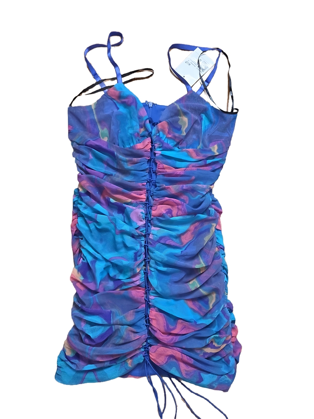 NWT Forever 21 Abstract Mesh Ruched Mini Dress Lace Up Front Sz S
